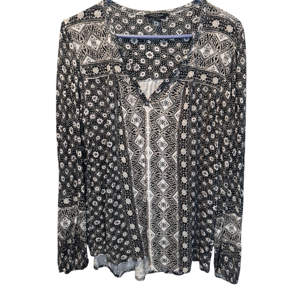 Lucky Brand Printed Split Neck Long Sleeve Womens Top L Boho Festival Casual